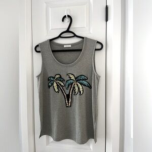 RIANI Sequin Palm Tree Tank Top Green Metallic Knit Sleeveless
